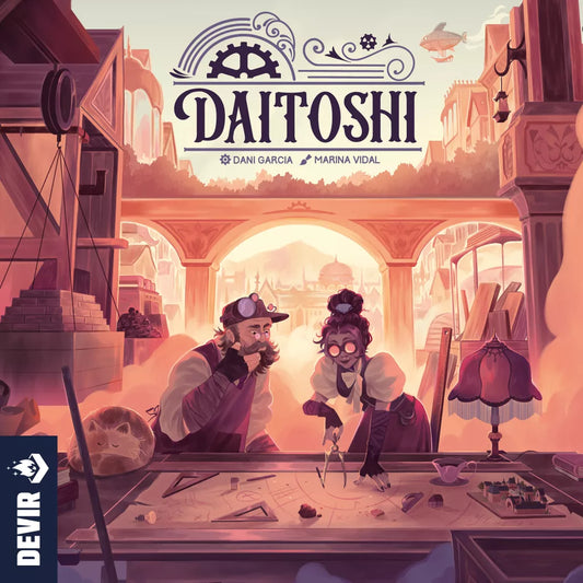 Cover art for Devir's board game Daitoshi depicts two inventors with goggles designing steam-powered gadgets at a table in a steampunk city, with gears and airships visible in the background.
