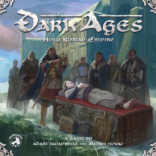 The cover art for Board & Dice's Dark Ages: Holy Roman Empire depicts people gathered around a bier with a priest holding a crucifix, set before a grand Gothic building.