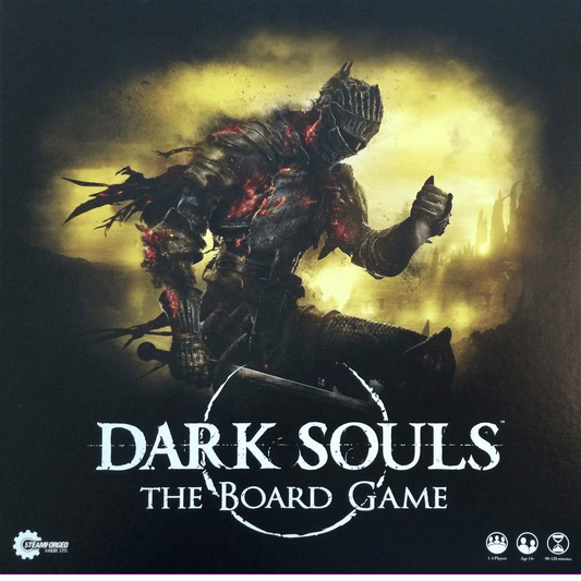 The cover art for Steamforged Games' Dark Souls: The Board Game features a dark armored knight with glowing embers, sword in hand, on a smoky yellow battlefield. The game title appears prominently below, setting the tone for this exploration miniatures ga