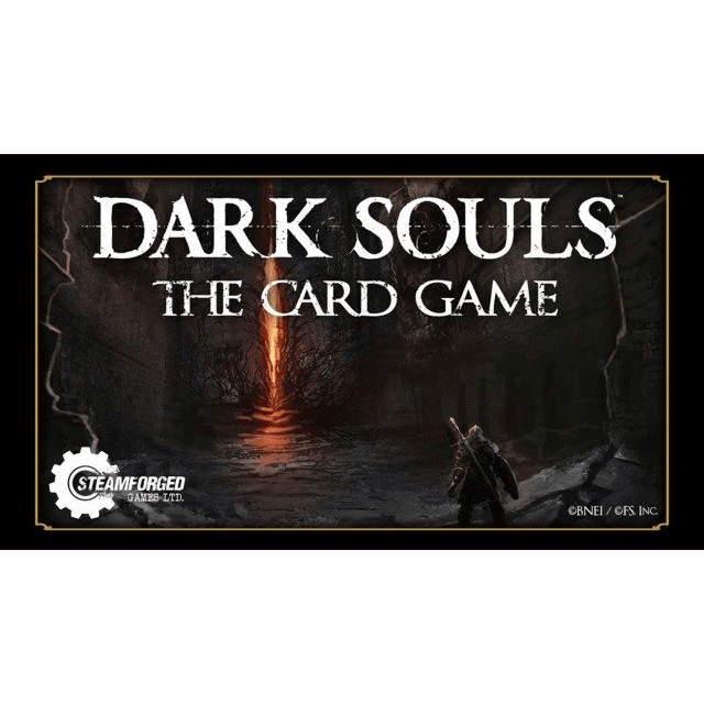 The cover of Dark Souls: The Card Game by Steamforged Games shows a lone armored figure stepping toward a glowing bonfire in a dark, ruined setting, with the title prominently displayed above.