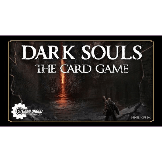The cover of Dark Souls: The Card Game by Steamforged Games shows a lone armored figure stepping toward a glowing bonfire in a dark, ruined setting, with the title prominently displayed above.