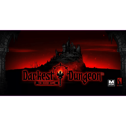 Logo for Darkest Dungeon: The Board Game (Including Strongbox) by Mythic Games: a shadowy castle on a hill with a red backdrop, gothic arches, and the title in bold distressed letters, reflecting this cooperative dungeon crawl’s dark essence.