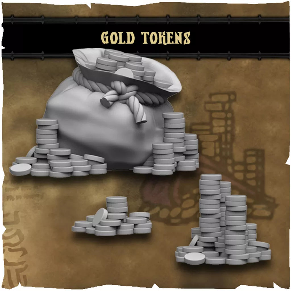 A sack of gold tokens overflows amid coin stacks on a parchment-like backdrop—ideal board game accessories or the Darkest Dungeon: The Board Game Heirloom Loot Chest by Mythic Games. "GOLD TOKENS" appears at the top.
