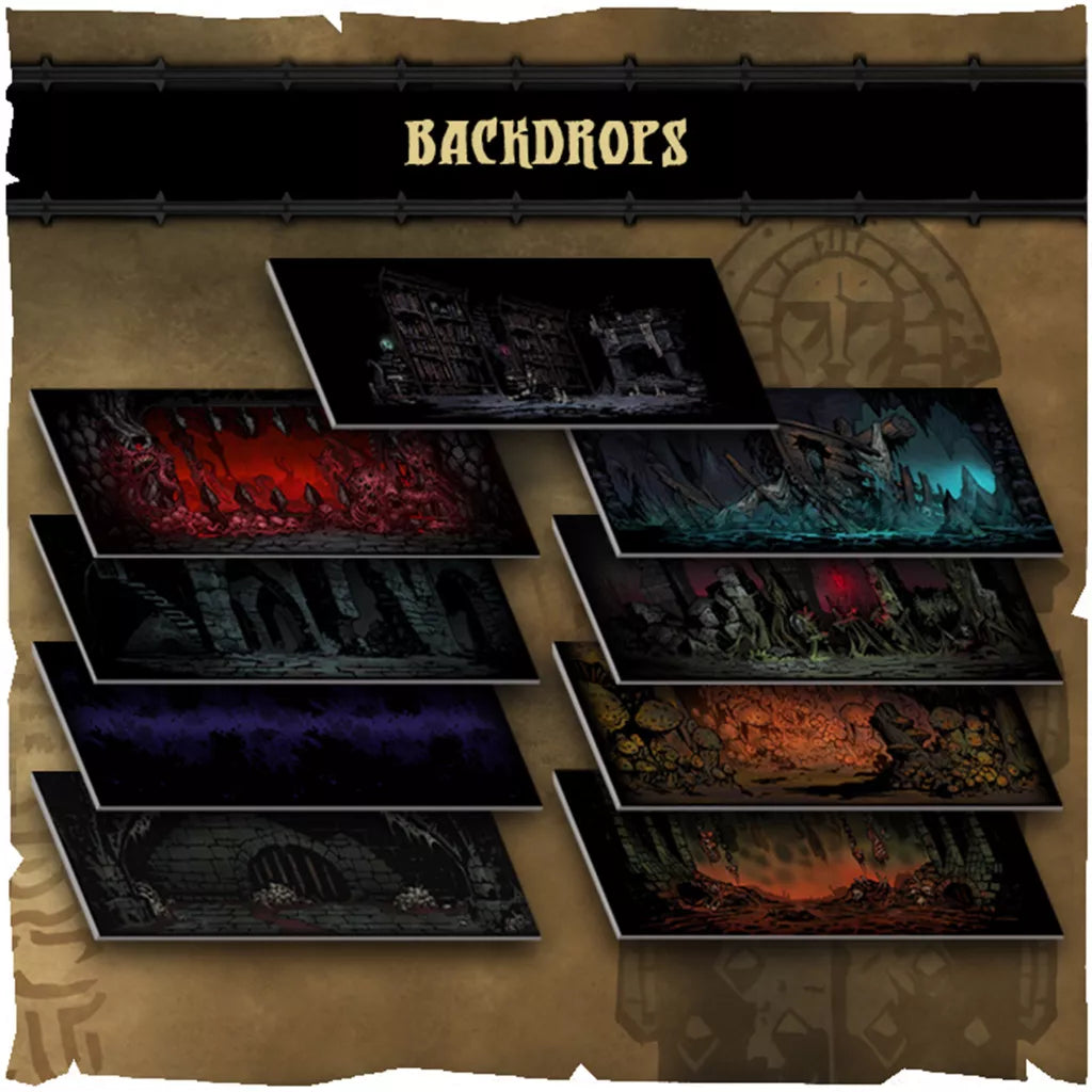 The Darkest Dungeon: The Board Game Heirloom Loot Chest by Mythic Games features eight dark, atmospheric backdrops, including eerie ruins and dungeons, arranged in a staggered pattern on aged parchment.
