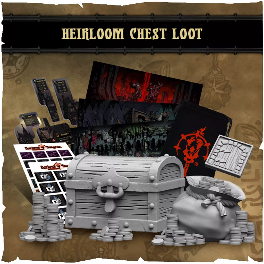 The Darkest Dungeon: The Board Game Heirloom Loot Chest by Mythic Games includes a treasure chest, bag of silver coins, board game accessories, cards, stickers, and themed items—perfect for any Darkest Dungeon board game fan.
