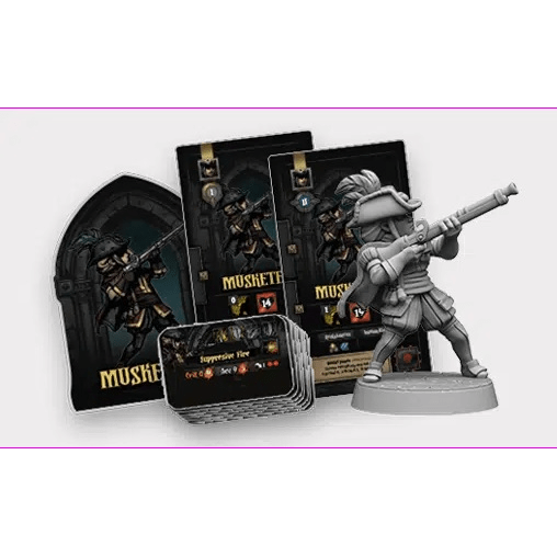 Darkest Dungeon: The Board Game Musketeer Hero by Mythic Games includes a detailed Musketeer miniature, character cards with Darkest Dungeon artwork, and game cards—ideal for fans of heroic adventures.