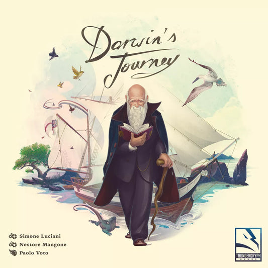 An elderly man with a white beard, in a suit, walks with a book and staff before a beached ship amid wildlife—reflecting the spirit of exploration in Darwin's Journey by ThunderGryph Games, an acclaimed worker-placement Eurogame.
