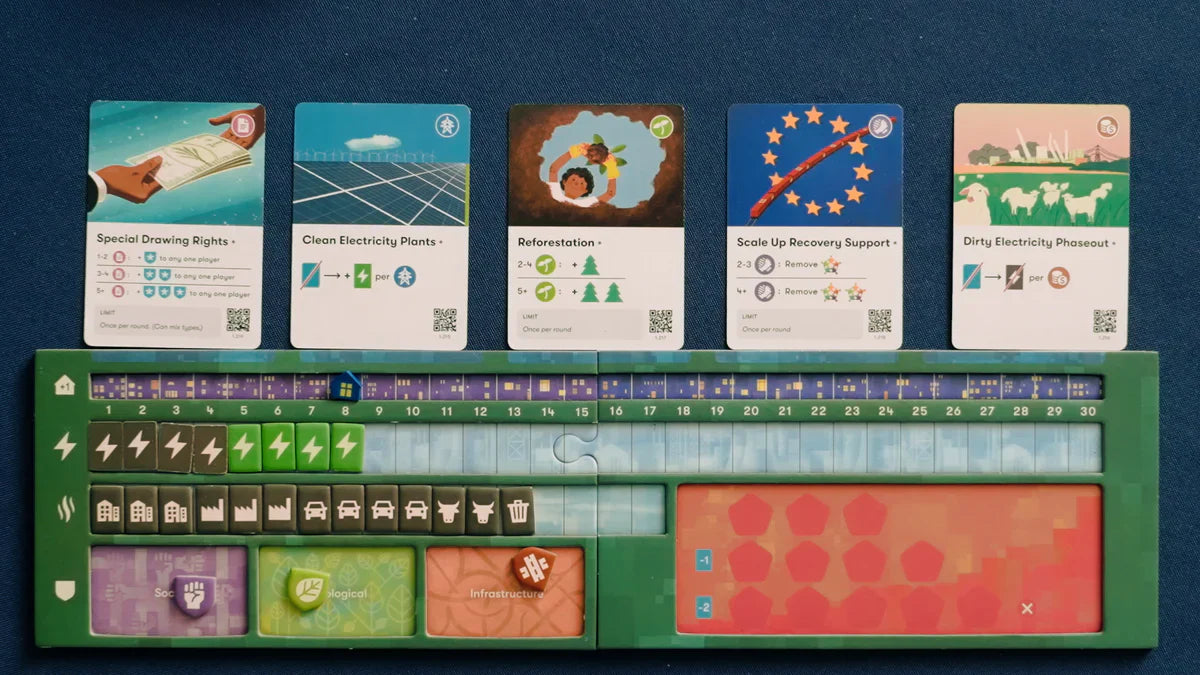 The setup of Daybreak by CMYK shows five illustrated cards on net-zero emissions above a player board with colorful tracks, symbols, and resource areas for this climate action board game.