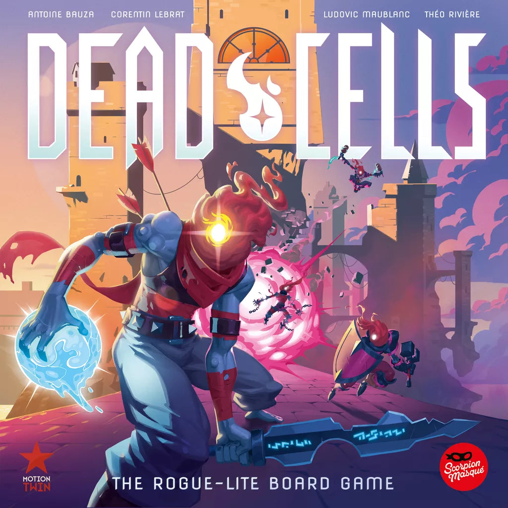 An armored hero with a flaming head holds a glowing orb and sword before a castle, as allies battle monsters in swirling energy. Text: Dead Cells: The Rogue-Lite Board Game by Scorpion Masqué—a cooperative Metroidvania dungeon crawler.