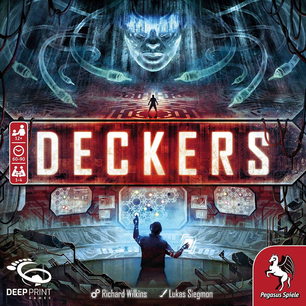 A person stands before a glowing console in a dark, cyberpunk world as a giant digital face looms above. The title "Deckers" by Pegasus Spiele is displayed in red, capturing the excitement of this cooperative hacking game.