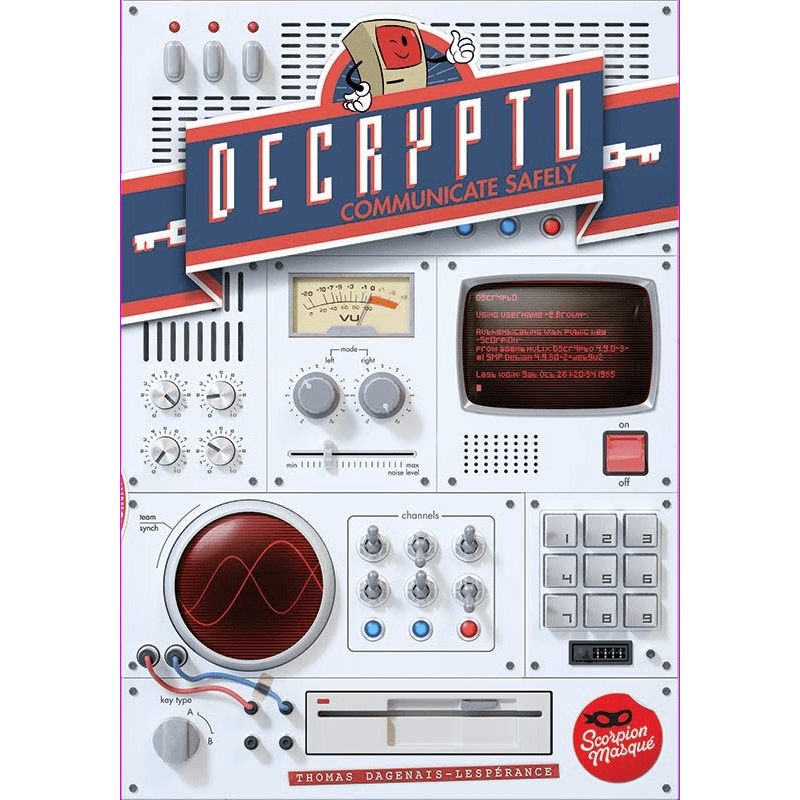 A colorful, retro-styled poster for Decrypto by Scorpion Masqué, the exciting team code-breaking board game, featuring vintage-inspired dials, switches, a keypad, and screens in striking graphic design.