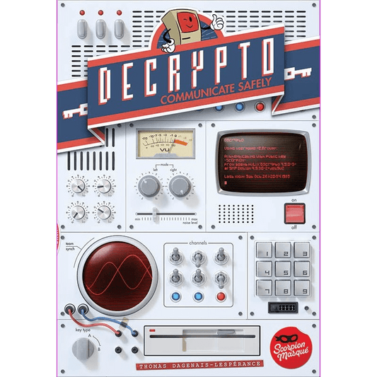 A colorful, retro-styled poster for Decrypto by Scorpion Masqué, the exciting team code-breaking board game, featuring vintage-inspired dials, switches, a keypad, and screens in striking graphic design.