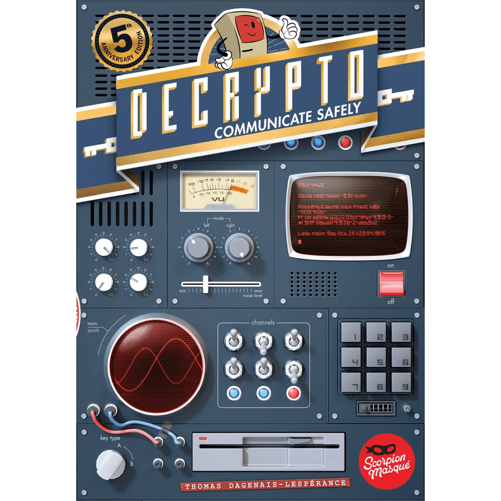 Decrypto: 5th Anniversary Edition by Scorpion Masqué—box cover features vintage radio gear, dials, a red-text screen, smiling file folder mascot, new word cards, and an anniversary badge.