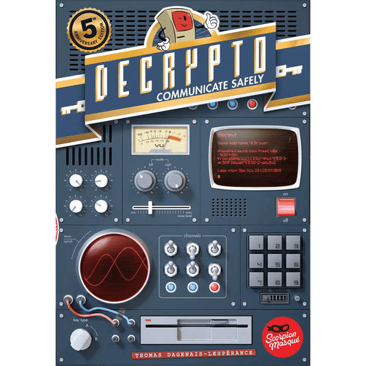 Decrypto: 5th Anniversary Edition by Scorpion Masqué—box cover features vintage radio gear, dials, a red-text screen, smiling file folder mascot, new word cards, and an anniversary badge.