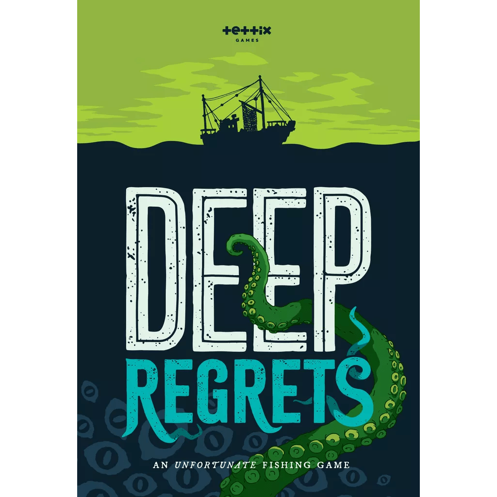 A fishing boat sails a green sea as a tentacle weaves through the title “Deep Regrets” from Tettix Games, with the tagline: “An unfortunate horror fishing game.”.