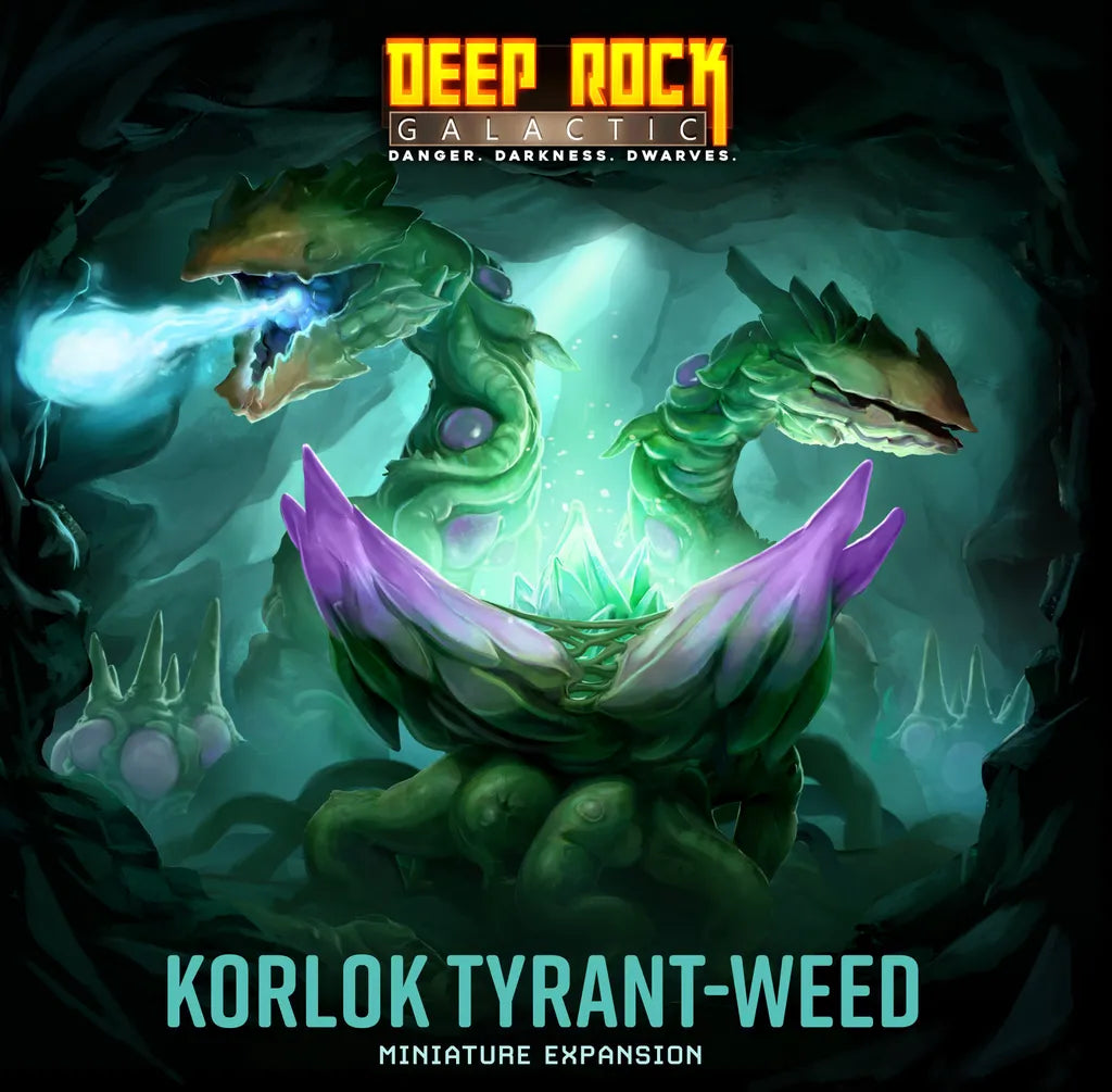 Illustration of a multi-headed green alien plant with glowing blue mouths, surrounded by foliage. Text: Deep Rock Galactic: Korlok Tyrant-Weed Miniature Expansion by MOOD Publishing.
