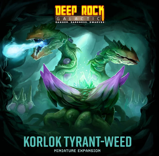 Illustration of a multi-headed green alien plant with glowing blue mouths, surrounded by foliage. Text: Deep Rock Galactic: Korlok Tyrant-Weed Miniature Expansion by MOOD Publishing.