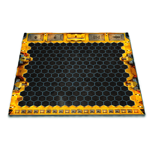 The MOOD Publishing Deep Rock Galactic: Neoprene Game Mat features a honeycomb grid center and an industrial yellow border with icons, all on a white background—ideal for immersive gameplay and durable use with stitched edges.