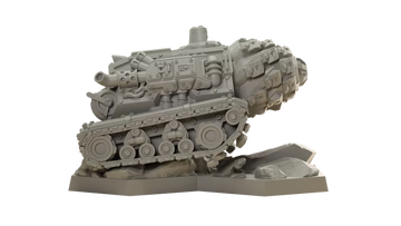A gray miniature tracked drilling machine by MOOD Publishing, from Deep Rock Galactic: Space Rig Expansion, features detailed treads, mechanical parts, and a large front drill bit on a compact base—perfect for new mission types.