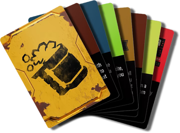 A fan of seven playing cards is spread out, with the top card showing a yellow background and a black barrel icon—an ideal pick for Deep Rock Galactic: Space Rig Expansion fans from MOOD Publishing. Other cards show various colors and partial text.