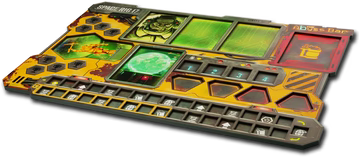 The Deep Rock Galactic: Space Rig Expansion by MOOD Publishing features a colorful rectangular player board with hex spaces, green/red areas, numbered tracks, and sci-fi graphics for tracking stats and new missions.