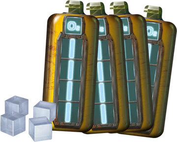 Four metallic O2 canisters with glowing blue bars stand in a row beside four translucent ice cubes—ideal for prepping your MOOD Publishing Deep Rock Galactic: Space Rig Expansion or gearing up for new mission types.