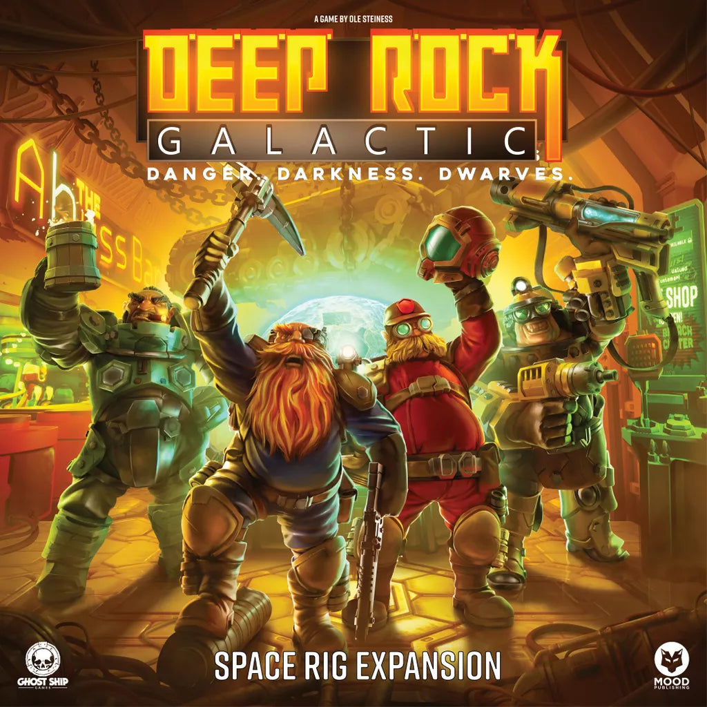 Four armored dwarves stand in a high-tech rig, holding advanced mining tools amid glowing gear, hinting at the Deep Rock Galactic: Space Rig Expansion by MOOD Publishing. The product title appears above them.