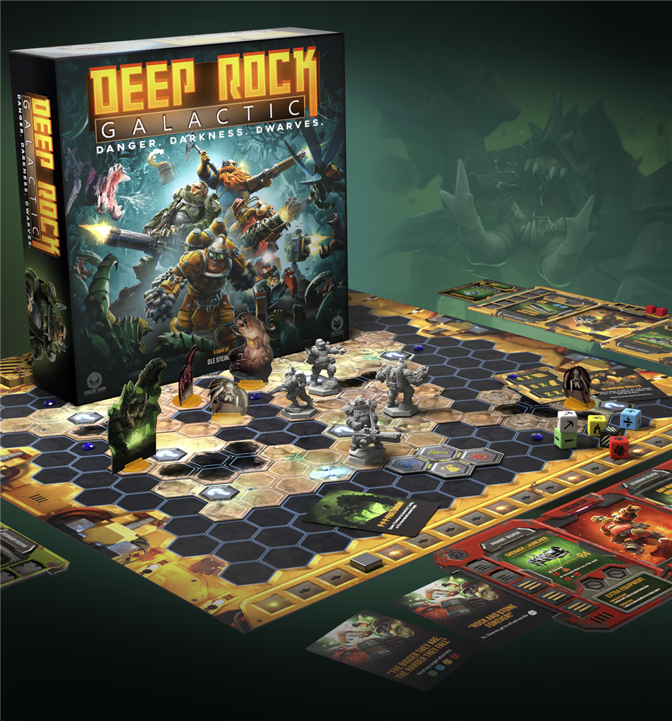 Deep Rock Galactic: The Board Game 2nd Edition by MOOD Publishing is set up on a table, showcasing detailed dwarf miniatures, cards, dice, tokens, and a vibrant hexagonal board for an immersive cooperative tabletop experience.