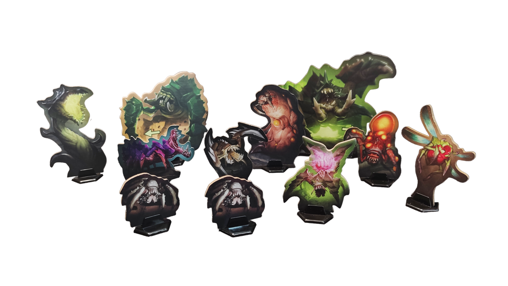 A set of vibrant cardboard monster standees from Deep Rock Galactic: The Board Game 2nd Edition by MOOD Publishing, featuring fantasy creatures and dwarf miners in various shapes, sizes, and colors on a white background.