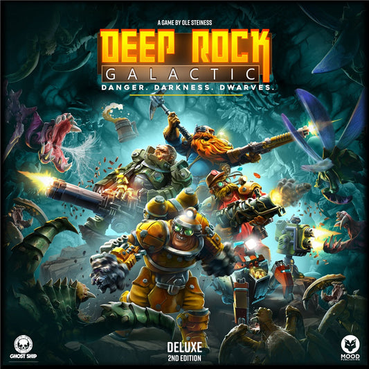 Four armored dwarf miners battle aliens in a dark cavern. Above them, “Deep Rock Galactic: The Board Game 2nd Edition Deluxe” by MOOD Publishing appears with the tagline: Danger. Darkness. Dwarves. A thrilling cooperative adventure awaits!.