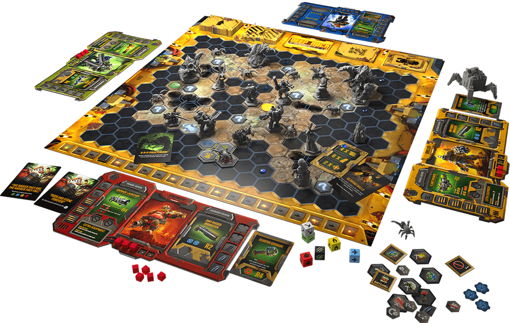 Experience the excitement of Deep Rock Galactic: The Board Game 2nd Edition Deluxe by MOOD Publishing, with its hexagonal board, dwarf miner miniatures, cards, tokens, dice, and player boards arranged for cooperative tabletop play.