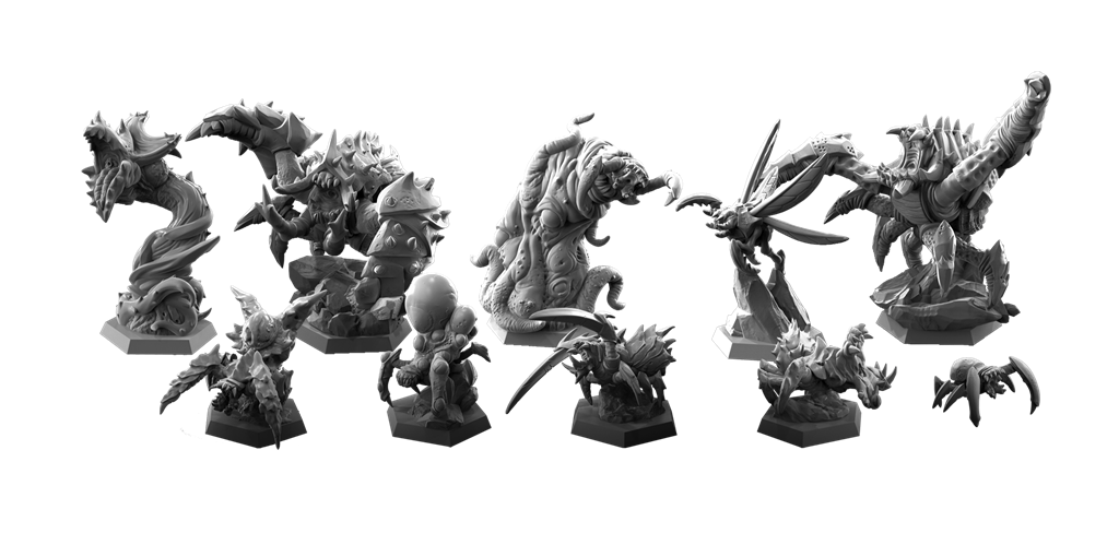 Deep Rock Galactic: The Board Game 2nd Edition Deluxe by MOOD Publishing includes 11 detailed fantasy creature miniatures—fierce monsters with claws, spikes, and wings on small bases—perfect for pairing with dwarf miners in your next tabletop adventure.