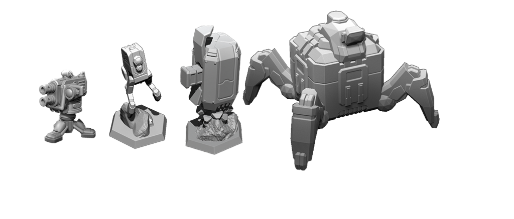 Four gray, futuristic robot miniatures for Deep Rock Galactic: The Board Game 2nd Edition Deluxe by MOOD Publishing include a turret, two bipedal bots, and a large four-legged mech—ideal allies for dwarf miners in this cooperative game.
