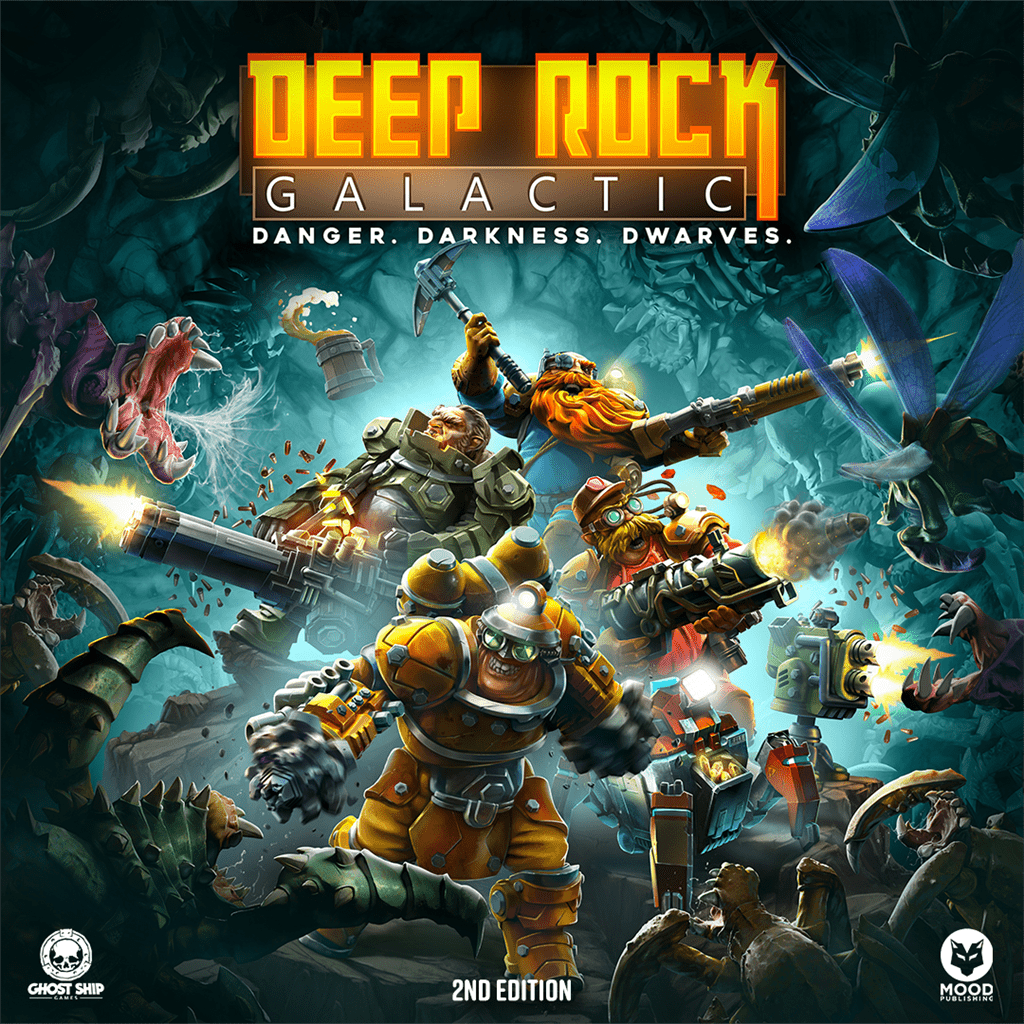 Four armored dwarf miners battle alien creatures in a dark cavern. "Deep Rock Galactic: The Board Game 2nd Edition" by MOOD Publishing is titled at the top, with the tagline “Danger. Darkness. Dwarves.” displayed at the center.