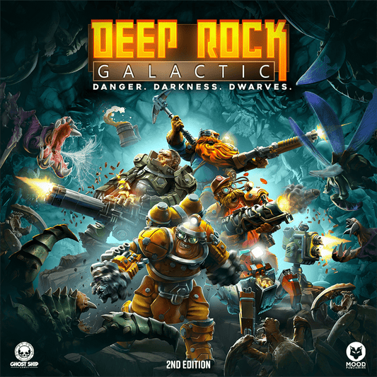 Four armored dwarf miners battle alien creatures in a dark cavern. "Deep Rock Galactic: The Board Game 2nd Edition" by MOOD Publishing is titled at the top, with the tagline “Danger. Darkness. Dwarves.” displayed at the center.