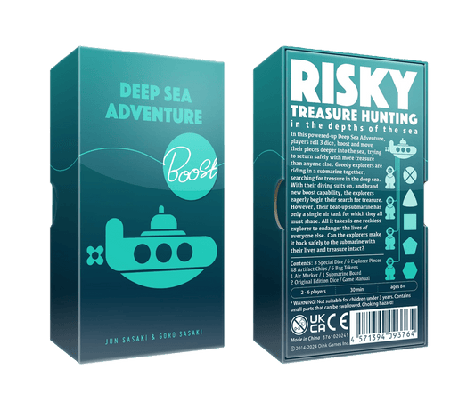 Two turquoise Deep Sea Adventure Boost boxes from Oink Games are shown. The front depicts a yellow submarine and bubbles; the back details dice movement, includes icons, content info, and safety warnings.