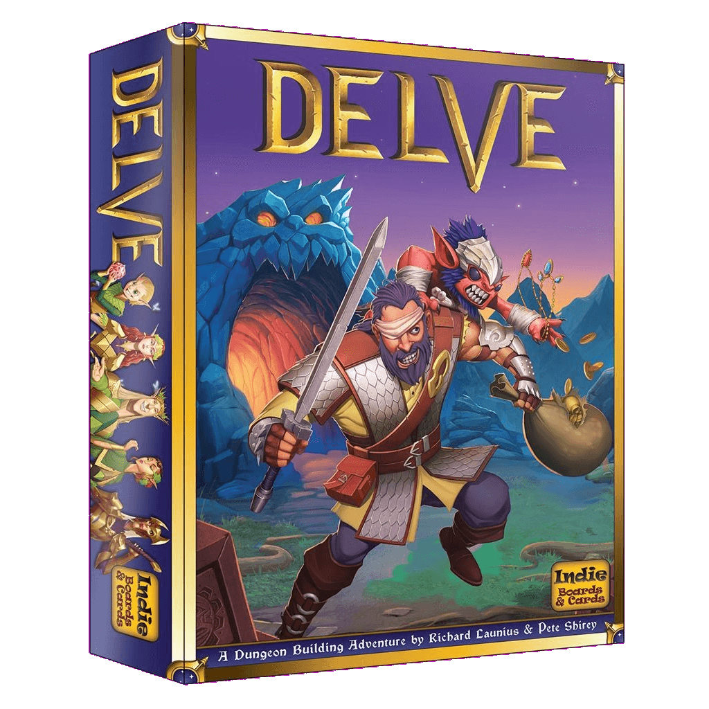 The Delve box art from Indie Boards & Cards features an armored dwarf with an axe and torch, a goblin jumping with cards behind him, and a glowing-eyed dragon in Skull Cavern, all set against fantasy scenery.