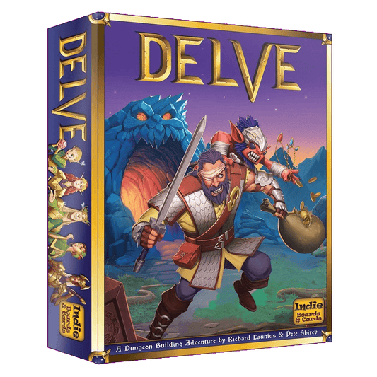 The Delve box art from Indie Boards & Cards features an armored dwarf with an axe and torch, a goblin jumping with cards behind him, and a glowing-eyed dragon in Skull Cavern, all set against fantasy scenery.