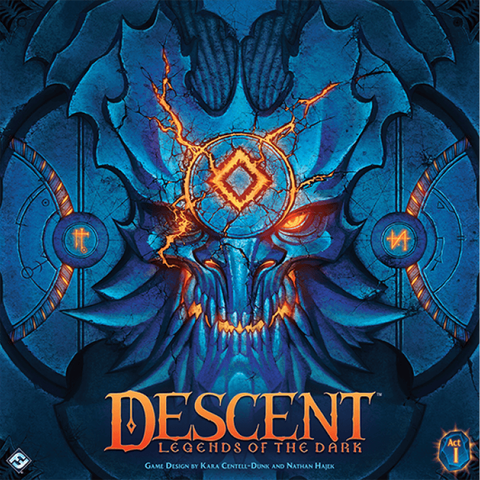 A glowing cracked stone skull with runes and blue energy stands out on Fantasy Flight Games' Descent: Legends of the Dark, a dungeon-crawling board game set in Terrinoth. The title appears below in bold orange text.