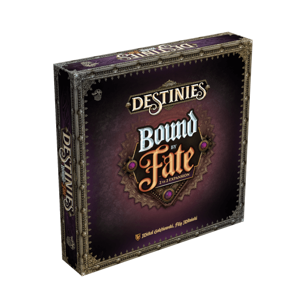 The Destinies: Bound By Fate Expansion game box by Lucky Duck Games features ornate gold and purple detailing and highlights the new 2 vs 2 game mode on the front.