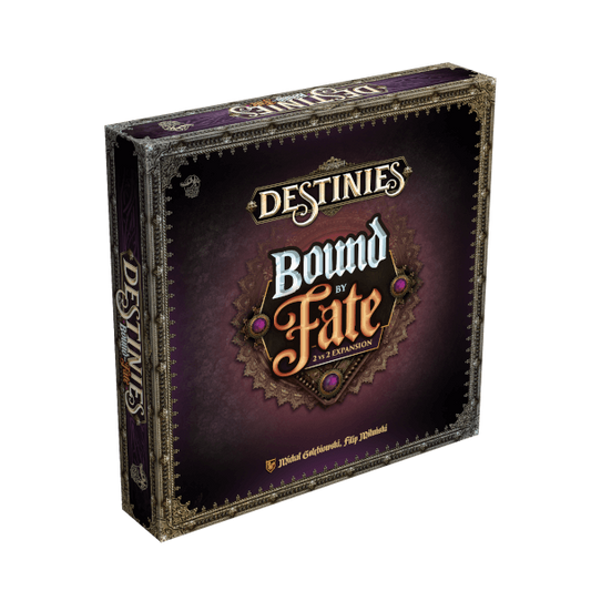 The Destinies: Bound By Fate Expansion game box by Lucky Duck Games features ornate gold and purple detailing and highlights the new 2 vs 2 game mode on the front.