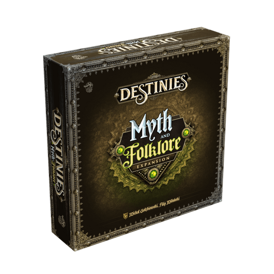 A square Destinies: Myth & Folklore Expansion box by Lucky Duck Games features ornate gold and green accents, a dark background, intricate decorative borders, and subtle mythical creatures in the artwork.