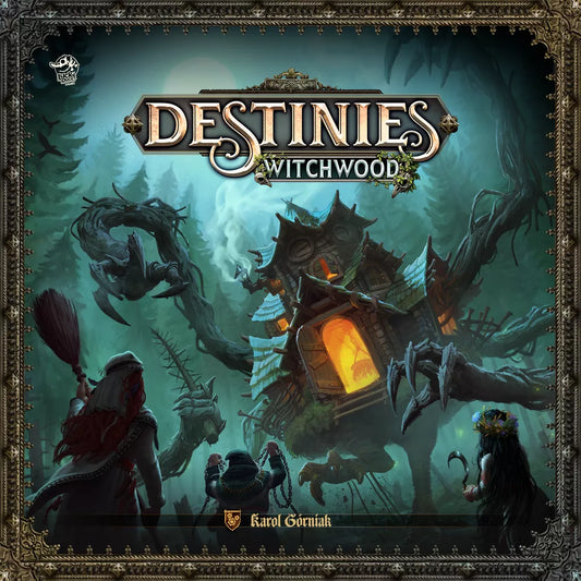 Three figures approach a crooked, glowing hut on chicken legs in a dark forest filled with eerie trees and flying creatures. Destinies: Witchwood Expansion by Lucky Duck Games promises a story-driven adventure in this mysterious setting.