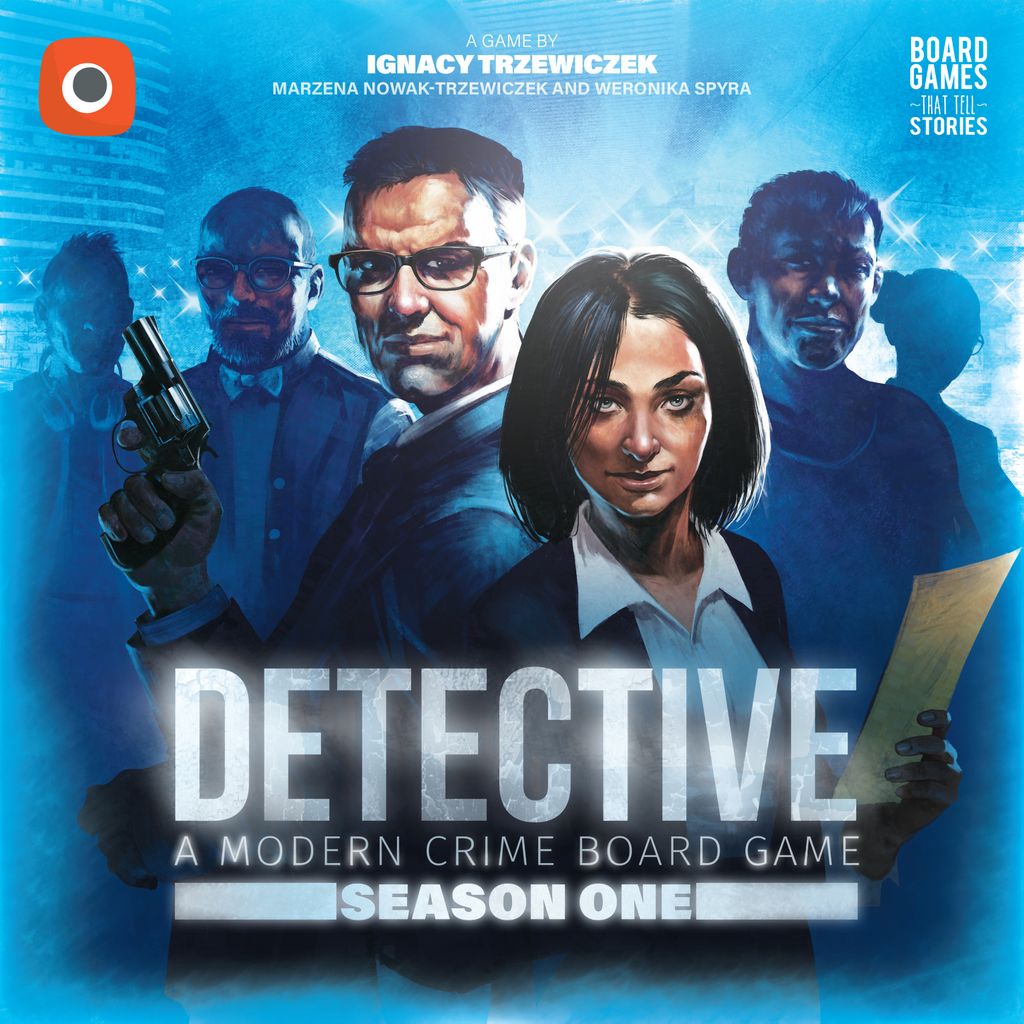 Five detectives—two visible, three in shadow—stand before a blue cityscape with police lights. The text reads Detective: A Modern Crime Board Game: Season One by Portal Games, a gripping crime-solving board game.