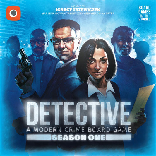Five detectives—two visible, three in shadow—stand before a blue cityscape with police lights. The text reads Detective: A Modern Crime Board Game: Season One by Portal Games, a gripping crime-solving board game.