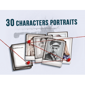 A cluster of overlapping character portraits linked by red string, including a uniformed man and a notepad marked “Materials,” sits beneath the “30 Characters Portraits” title. Product: Detective: A Modern Crime Game - Character Portraits Expansion by Por