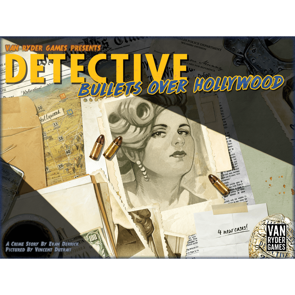 The Detective: City of Angels: Bullets over Hollywood Expansion by Van Ryder Games features a cover with a black-and-white woman, bullets, case files, a map, and a revolver on a desk. The bold yellow title stands out.