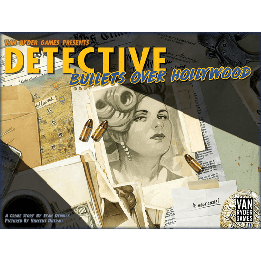 The Detective: City of Angels: Bullets over Hollywood Expansion by Van Ryder Games features a cover with a black-and-white woman, bullets, case files, a map, and a revolver on a desk. The bold yellow title stands out.