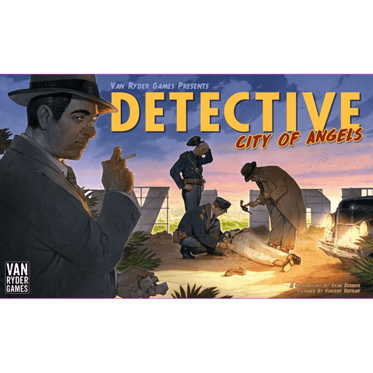 A stylized illustration of detectives investigating a body by a car at sunset in 1940s Los Angeles sets the noir mood for Detective: City of Angels, the gripping mystery board game from Van Ryder Games.