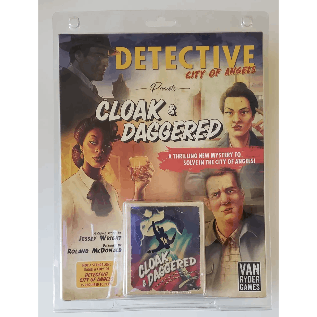 A plastic-wrapped Detective: City of Angels – Cloak & Daggered Expansion from Van Ryder Games features illustrated noir-style characters and striking yellow and red text, promoting an exciting new case for the mystery board game series.